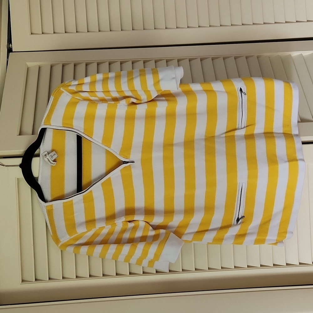 Coldwater Creek White & Yellow Striped Sweater with Zipper Accents Size XL (16)